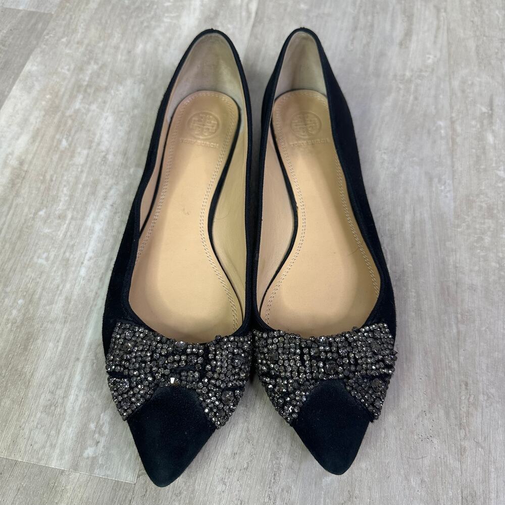 Tory Burch Black Flats with Embellished Bow